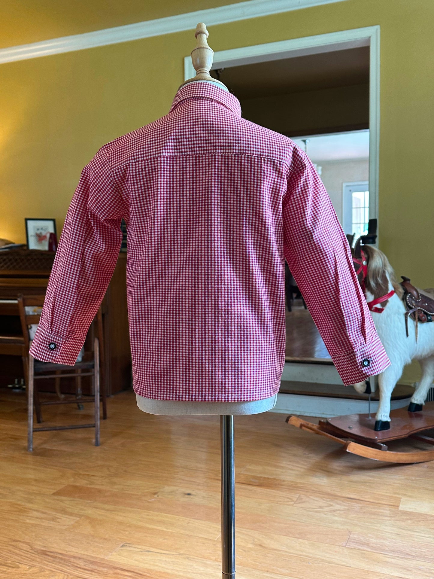 Older Boy's Grey Lederhosen and Red Checked Shirt (26-31 inch waistline)