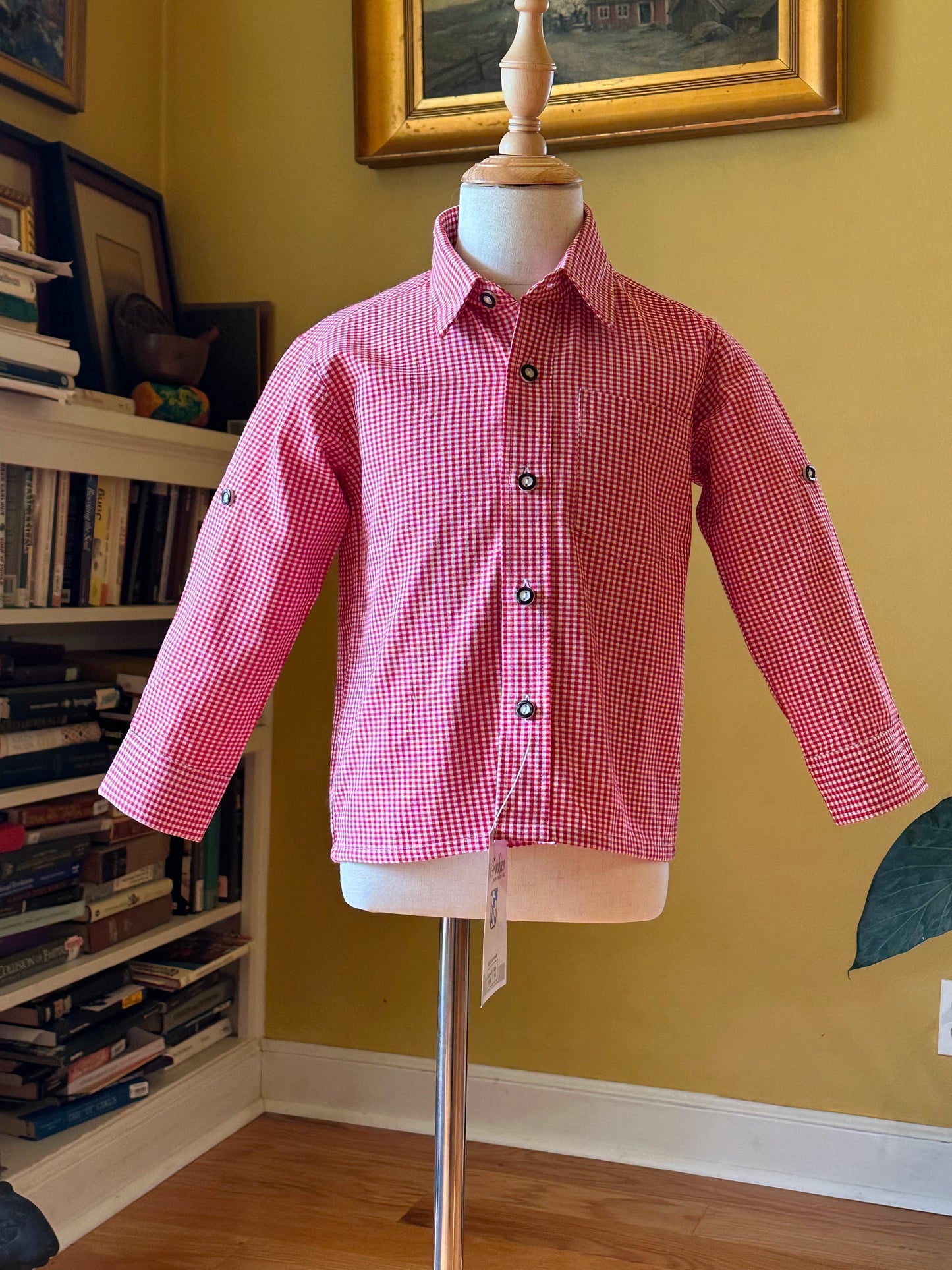 Older Boy's Grey Lederhosen and Red Checked Shirt (26-31 inch waistline)