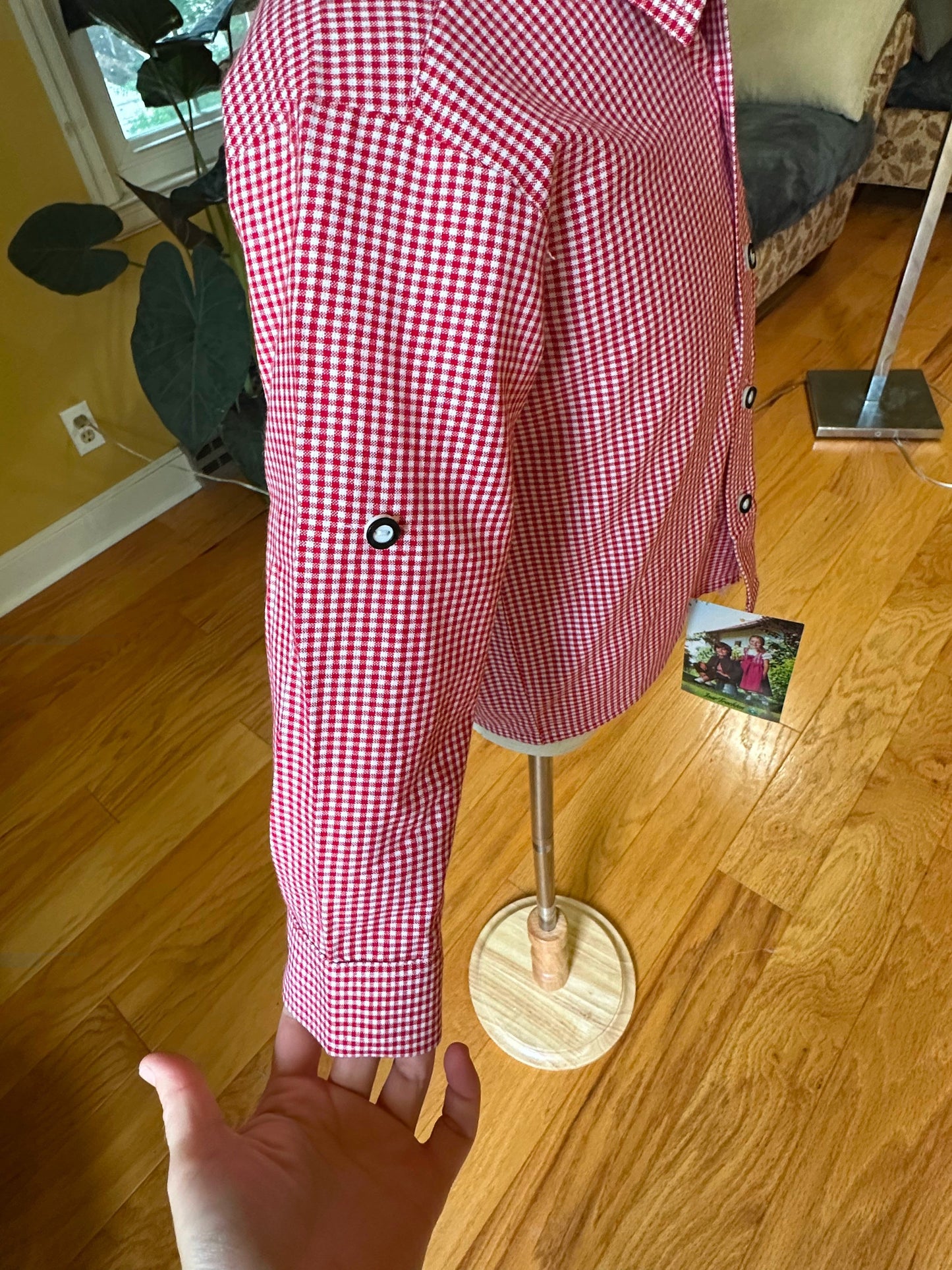 Older Boy's Grey Lederhosen and Red Checked Shirt (26-31 inch waistline)