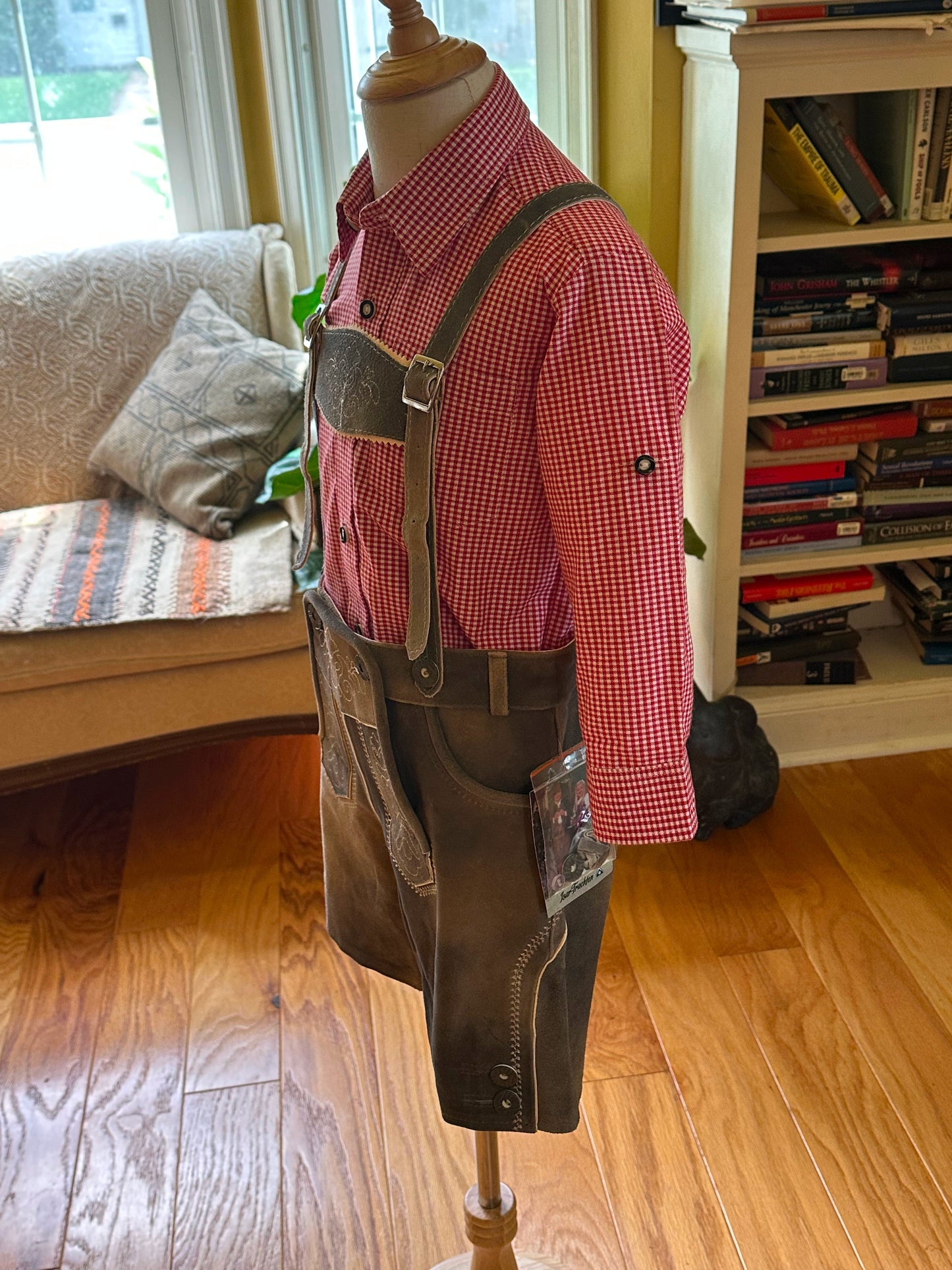 Older Boy's Grey Lederhosen and Red Checked Shirt (26-31 inch waistline)