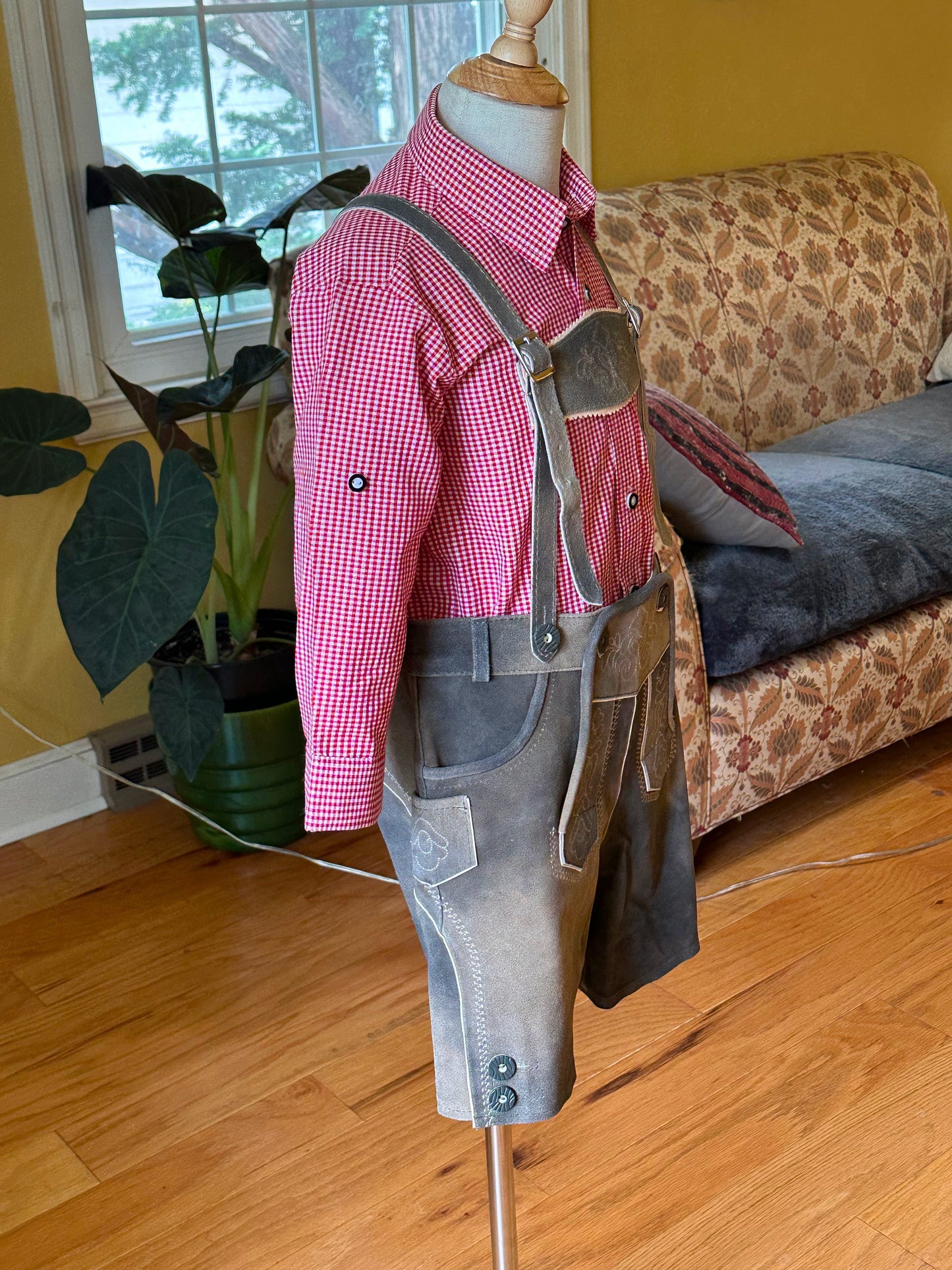 Older Boy's Grey Lederhosen and Red Checked Shirt (26-31 inch waistline)