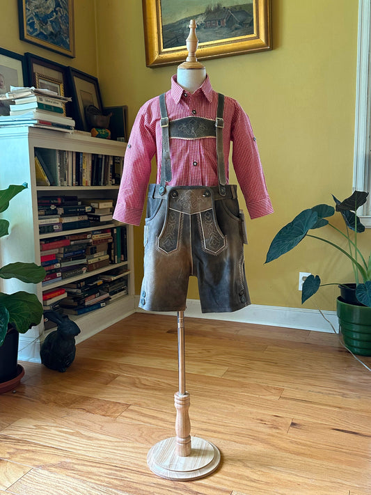 Older Boy's Grey Lederhosen and Red Checked Shirt (26-31 inch waistline)