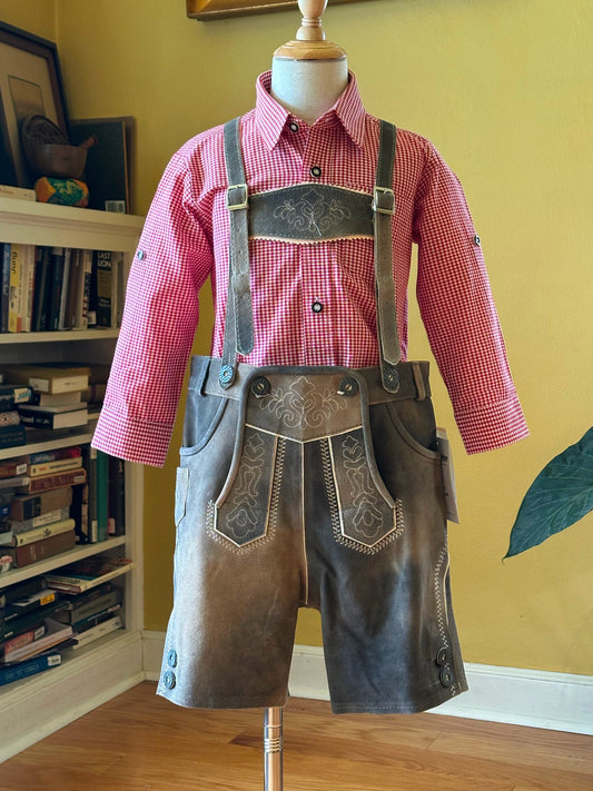 Older Boy's Grey Lederhosen and Red Checked Shirt (26-31 inch waistline)