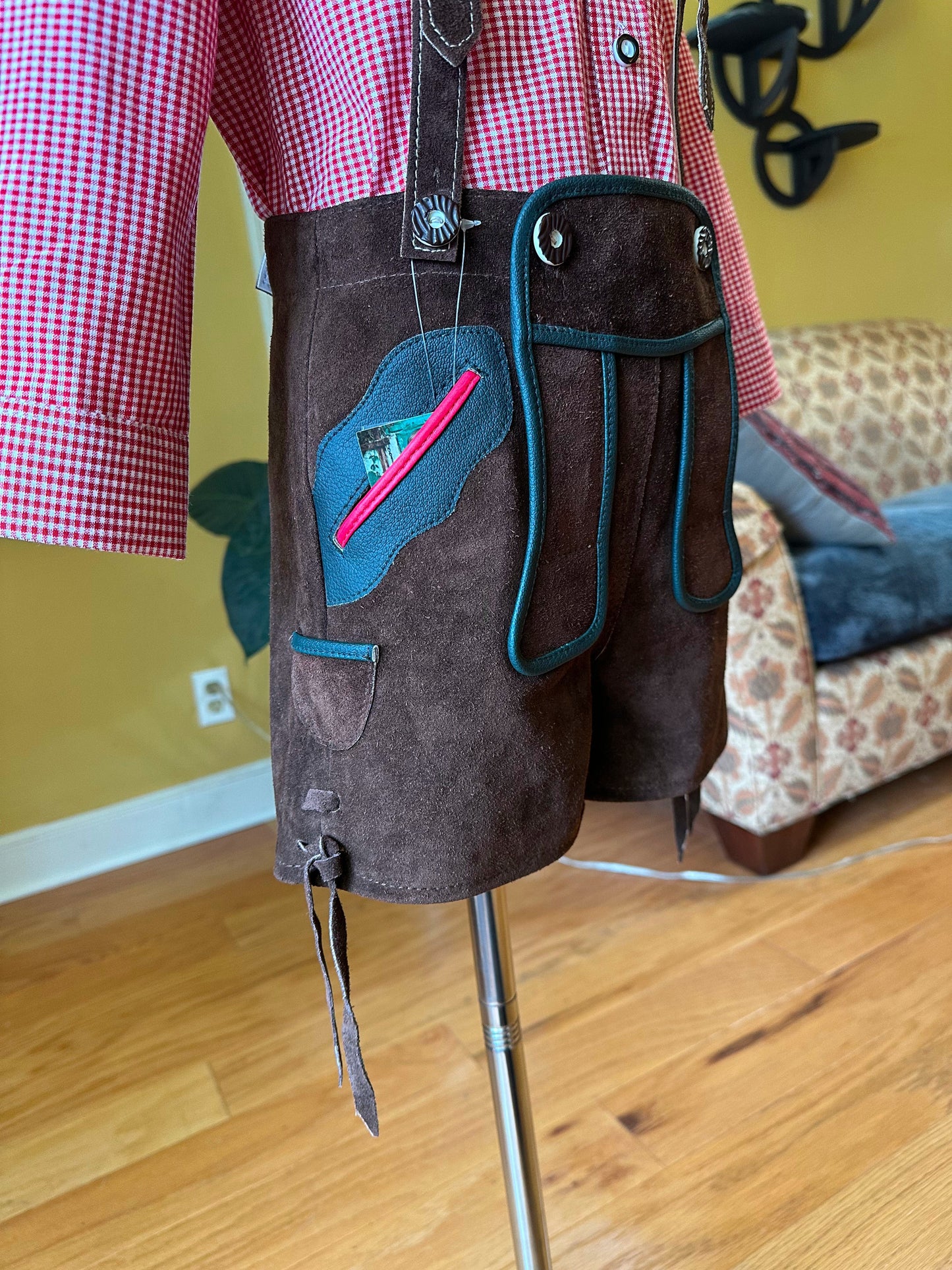 Young Boy's Lederhosen and Red Checked Shirt (18-25 inch waistline)