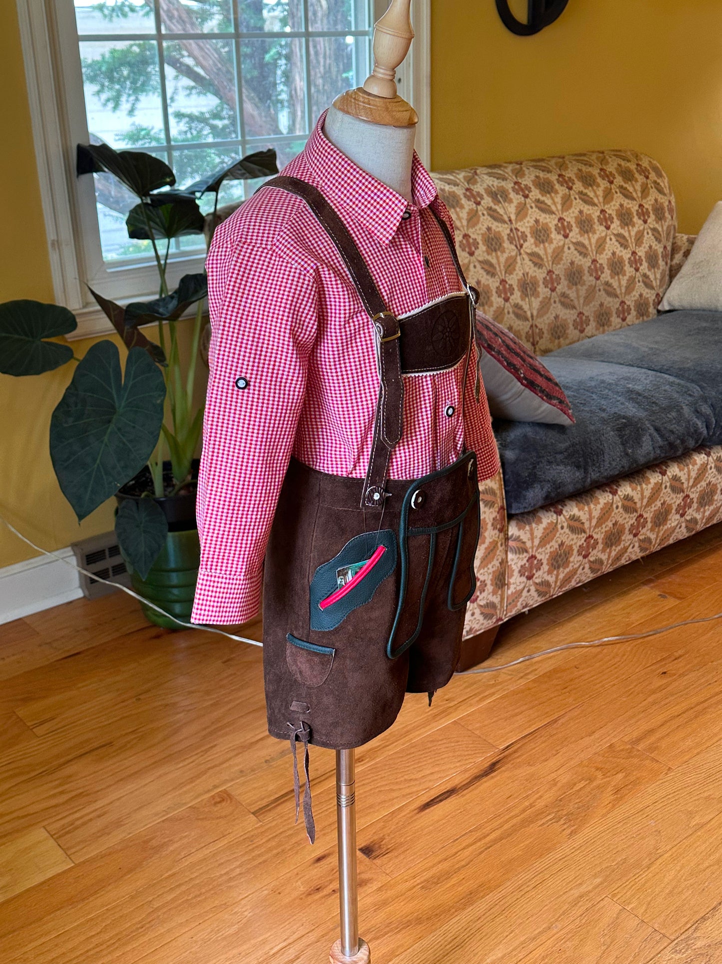 Young Boy's Lederhosen and Red Checked Shirt (18-25 inch waistline)