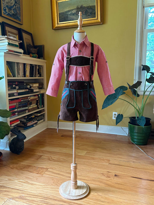 Young Boy's Lederhosen and Red Checked Shirt (18-25 inch waistline)
