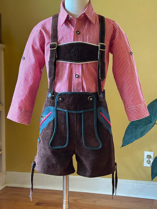 Young Boy's Lederhosen and Red Checked Shirt (18-25 inch waistline)