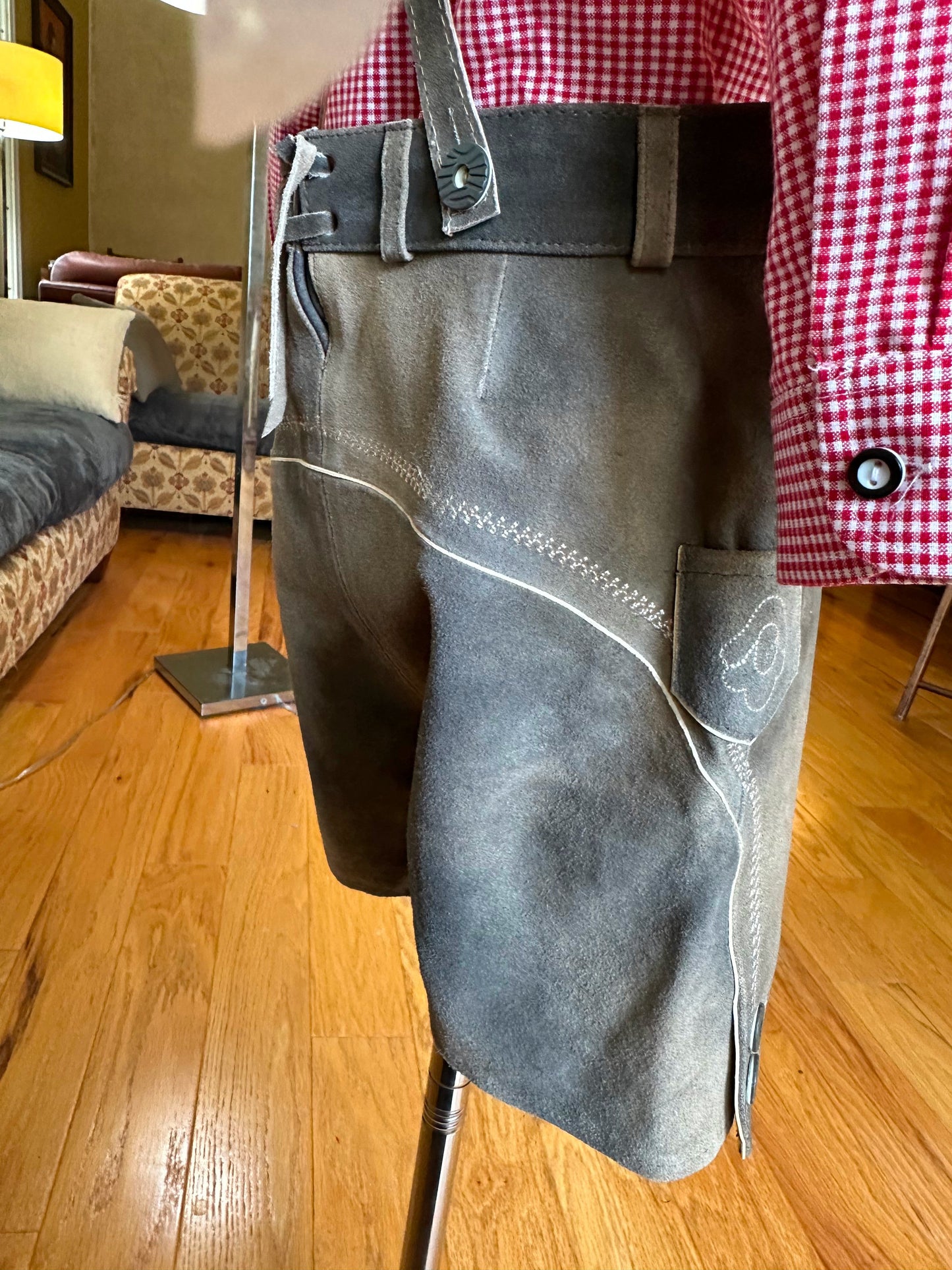 Older Boy's Grey Lederhosen and Red Checked Shirt (26-31 inch waistline)