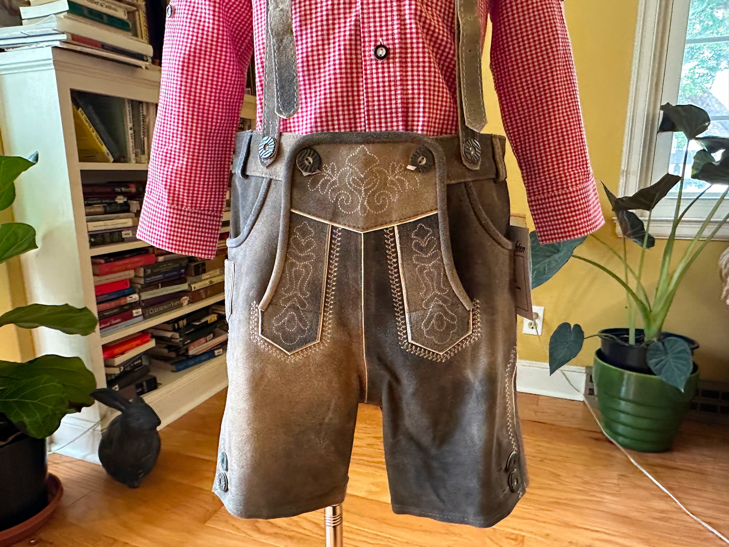 Older Boy's Grey Lederhosen and Red Checked Shirt (26-31 inch waistline)