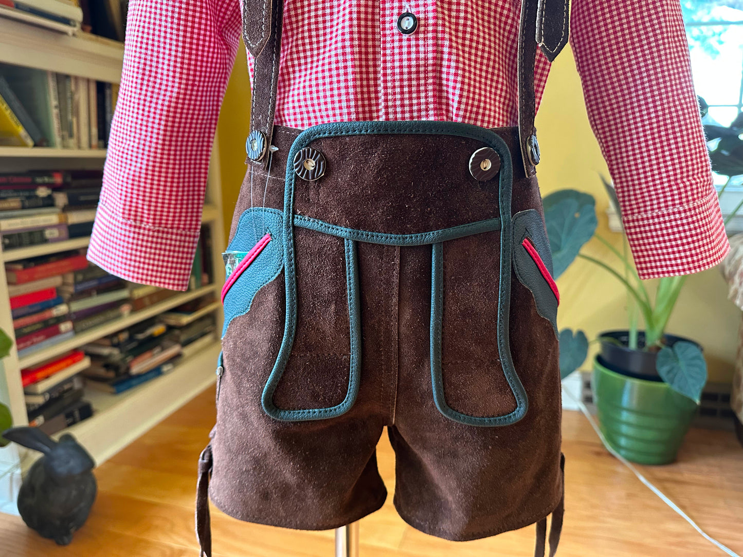 Young Boy's Lederhosen and Red Checked Shirt (18-25 inch waistline)