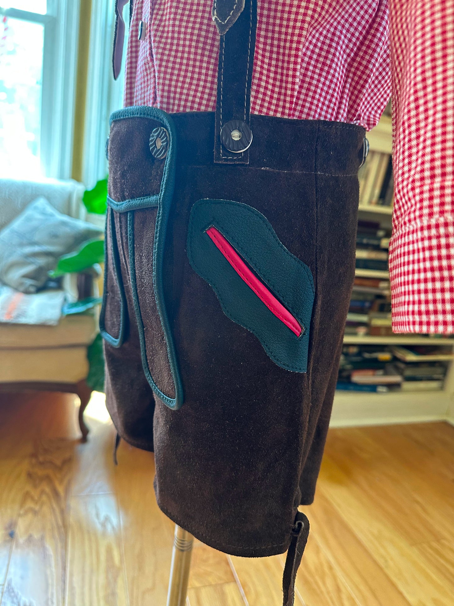 Young Boy's Lederhosen and Red Checked Shirt (18-25 inch waistline)