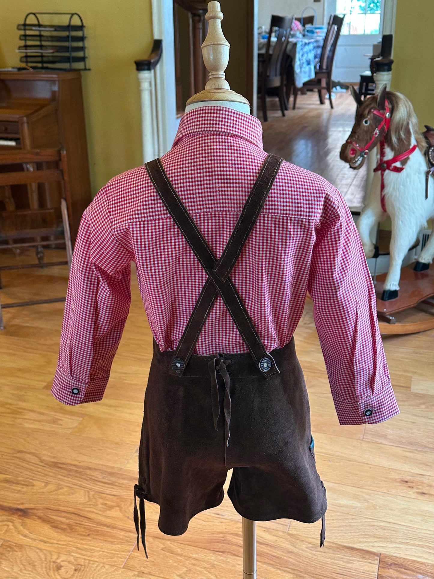 Young Boy's Lederhosen and Red Checked Shirt (18-25 inch waistline)